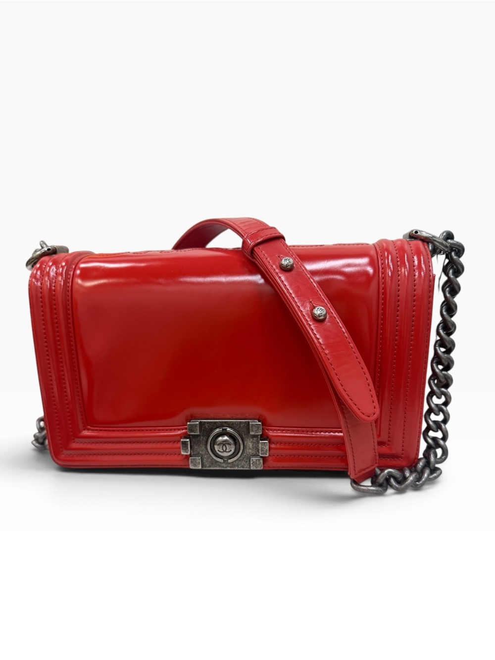 Authentic Chanel Medium Boy Red Glazed Calfskin Flap Bag